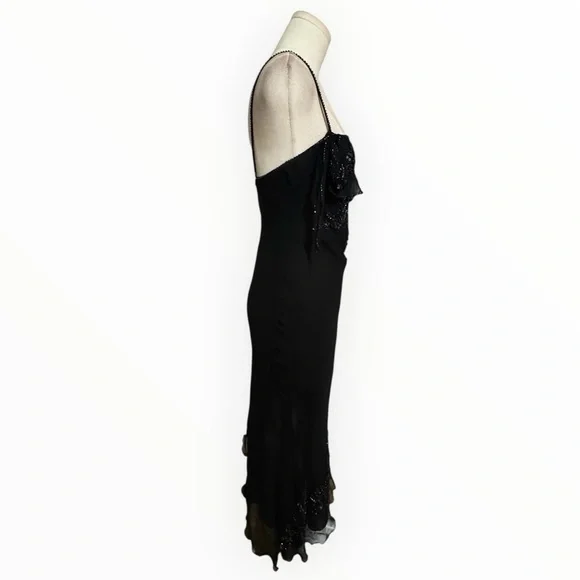 CACHE 100% Silk Black Asymmetrical Midi Dress Y2K 90’s 2 Beaded Sleeveless Party - Picture 4 of 8